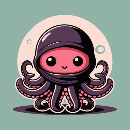Brocktopus, a cheerful octopus in a plum ninja hood