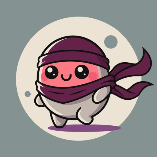Rocky, a smiling grey pebble in a plum ninja mask